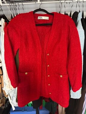 Zara Red Bouclé Button-Front Cardigan Jacket